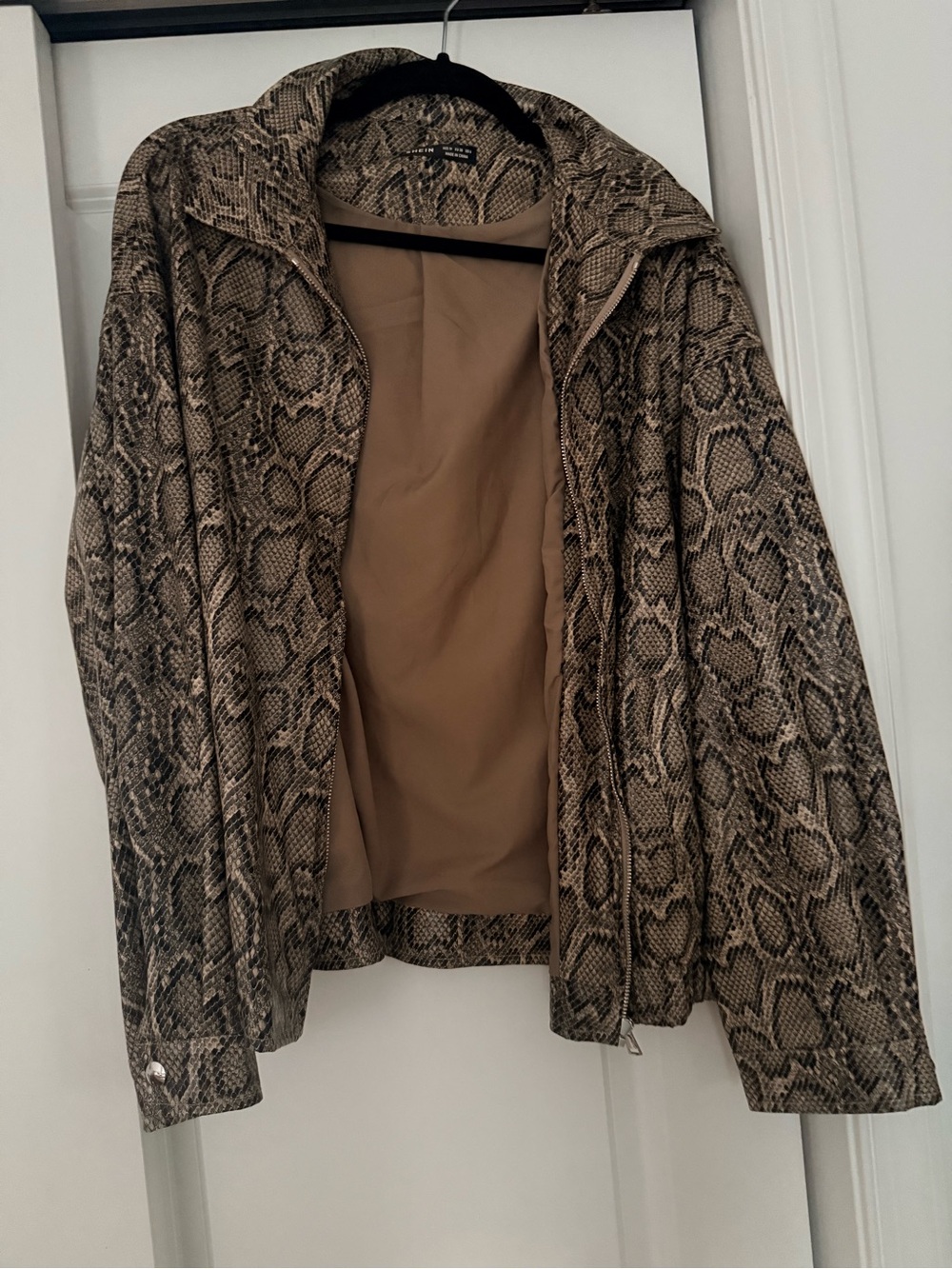 Snake Print Zip-Front Jacket in Taupe Brown